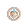 Wooden baby rattle planet toy with natural rings and light blue beads for teething - Blue