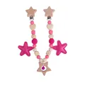 Pink crochet baby stroller chain with wooden star clips and a purple metal bell - Stroller Hanging Toy / Rose Red