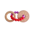 Beech wood teether rings with red and purple silicone beads for baby sensory play - Red