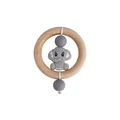 Baby wooden teething ring with grey silicone elephant pendant and beads for gum relief - Gray