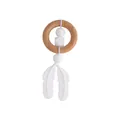 Baby teething toy with natural beech wood ring and white silicone feather pendants - White