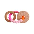 DIY beech wood flower teether with pink and orange silicone beads for baby teething - Orange