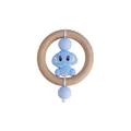Blue silicone elephant baby teether with natural wooden ring and beads for grip training - Blue