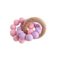 Baby silicone and beech wood teething ring with pastel pink and purple geometric beads - Pink