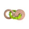 Beech wood ring and green silicone beads baby teether with engraved citrus pattern - Green