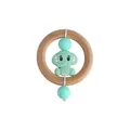 Mint green silicone elephant baby teether with natural wooden ring for infant grip training - Green