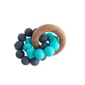 Octagonal silicone and beech wood baby teether ring in dark grey and bright cyan - Lake Blue