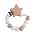 Star-shaped beech wood pacifier clip with white and natural silicone beads - White