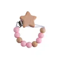 Pink silicone and beech wood bead pacifier clip with star-shaped wooden holder - Pink