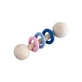 Wooden baby rattle teether toy with pink and blue rings for sensory grasping - Blue