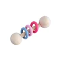Wooden baby rattle with colorful blue and pink rings for teething and sensory play - Rose Red