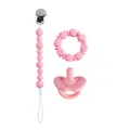 Set de silicona rosa para bebé con chupete, cadena de cuentas y anillo de dentición - Rosa