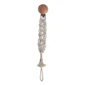 Handmade macrame pacifier clip with natural beech wood and cream cotton fringe cord - Fine Macrame Style (13#)