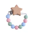 Catenella per ciuccio in legno di faggio a stella con perline in silicone colorate - Blu Rosa Verde Misto