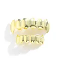 Polished gold hip hop grillz set for top and bottom teeth with sharp canine teeth design - Upper And Lower Fang / Gold