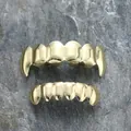 Polished gold Hip Hop teeth grillz set on natural stone background for parties - Upper Fang And Lower Flat / Gold