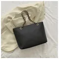 Minimalist black crocodile pattern tote bag with gold eyelets and leather chain strap - Black