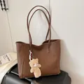 Sac fourre-tout en cuir marron avec une breloque d'ours en peluche mignon - Sans Pendentif / Marron