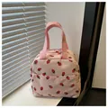Pink corduroy lunch bag with strawberry print and double handles in a cute style - Strawberry Pink