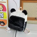 Furry panda-shaped plush mini backpack with black and white faux fur and 3D ears - No Pendant / Black