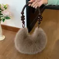 Light brown plush crescent handbag with wooden beaded handle for women stylish commute - Brown