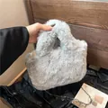 Chic light grey faux fur crossbody bag with elegant silver metal chain strap - Gray