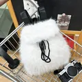 White faux fur drawstring backpack with black nylon straps and fluffy texture design - Solid White Style (Style 2)
