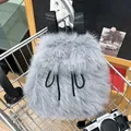 Chic grey faux fur backpack for women featuring soft plush texture and black drawstring - Solid Grey Style (Style 3)