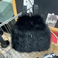 Faux rabbit fur backpack in black featuring a fluffy texture and drawstring design - Solid Black Style (Style 4)