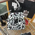 Faux rabbit fur mini leopard print backpack with drawstring closure and nylon straps - White and Brown Leopard (Style 10)