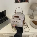 Mochila tejida gris claro para mujer con bordado de gato y correa de cadena detalle - Cuero PU / Gris