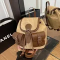 Vintage beige canvas and brown leather mini backpack with drawstring and pockets - Yellow