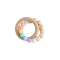 Rainbow silicone beads and natural wooden ring baby teether toy in macaron colors - Macaron Color