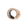 Silicone and wood baby teether ring with gradient grey beads and hexagonal block - Black