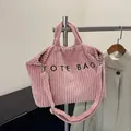 Rosa Cord-Einkaufstasche mit schwarzer Stickerei und verstellbarem Riemen für Damen - Rosa