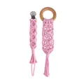 Pink handmade woven pacifier clip set with beech wood ring and cotton cord tether - Pink