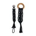 Handmade black woven pacifier clip set with natural beech wood ring for babies - Black