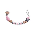 Pink silicone and beech wood baby pacifier clip with panda charm and baby letters - Pink Pacifier Clip