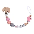 Pink and grey silicone baby pacifier clip with beech wood elephant and BABY letter beads - Pink Pacifier Clip