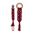Handmade burgundy macrame pacifier clip set with beech wood ring and metal buckle - Red