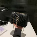 Chic black V-quilted and diamond lattice chain shoulder bag with gold logo finish - Black