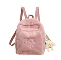 Pink plush backpack for women featuring heart embroidery and cute soft charm - Without Pendant / Pink