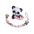 Pink silicone baby pacifier chain with panda teether toy and wooden clip for infants - Pink Jewelry Set