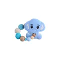 Blue elephant baby teether ring with silicone beads and beech wood pacifier clip - Blue