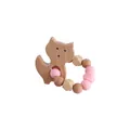Pink silicone and beech wood fox teether bracelet with geometric beads for babies - Fox Teether Ring / Pink Teether