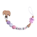 Pink beech wood and silicone baby pacifier clip with crochet beads and elephant charm - Pacifier Clip / Purple