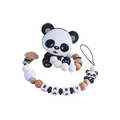 Silicone panda teether and beech wood pacifier clip with personalized BABY letter beads - Grey Set