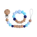 Baby Schnullerkette und Beißring Set aus blauem Silikon und Buchenholz mit Perlen - Blau Set