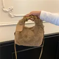 Plush camel faux fur tote handbag with leather scrunchie handle and shoulder strap - Brown