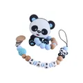 Baby pacifier clip with silicone panda teether, blue and wooden beads, and BABY lettering - Blue Set